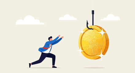 Man reaching for coin on hook, financial trap concept illustration.
