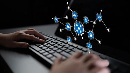 A modern representation of digital communication shows a connection network on the screen with...
