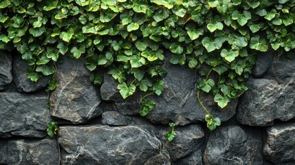 Vibrant Green Ivy Leaves Climbing on a Dark, Rough Stone Wall, Providing a Natural and Textured Outdoor Background