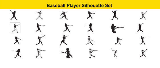 Naklejka premium Baseball Player Silhouette Set | Batting, Pitching, Running, Catching | Sports Vector Collection