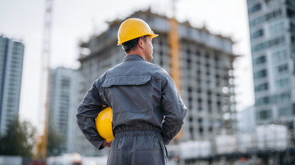 Gray-uniformed worker standing on site, holding bright yellow helmet at the hip, sunlit scaffolding and half-finished skyscraper rising in background