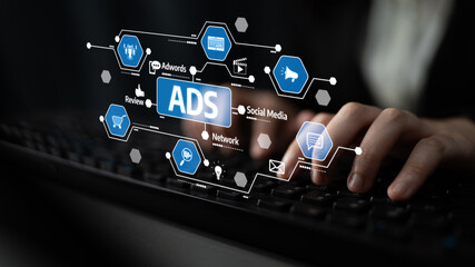 Abstract representation of digital advertising showcasing hands typing on a keyboard with integrated marketing elements emphasizing the importance of online presence and strategy. Tessel