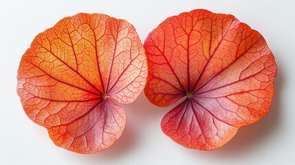 Two Vibrant Translucent Red- Autumn Leaves with Intricate Veins on White Background, Detailed Macro Shot of Natural Foliage