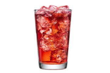 Glass of red drink with ice, cold beverage isolated on white transparent background