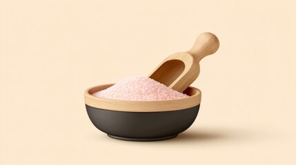 Pink himalayan salt crystals in wooden bowl with scoop on neutral background