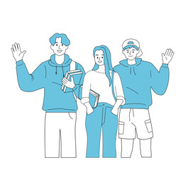 Group of smiling students waving and holding books