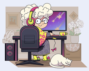 Funny granny. Funny old lady sits near the computer. Granny gamer. Granny freelancer. Granny plays games. Vector illustration. 