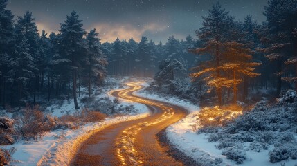 Winding Golden Road through a Snow-Covered Pine Forest Under a Starry Night Sky