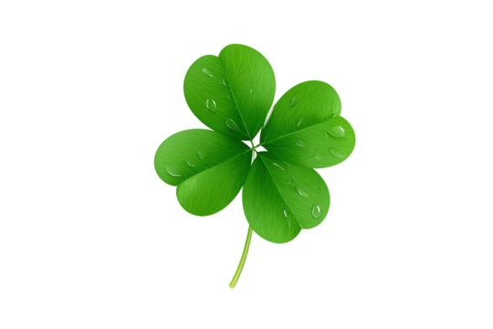 Lucky Four-Leaf Clover with Dew Drops, isolated on white transparent background