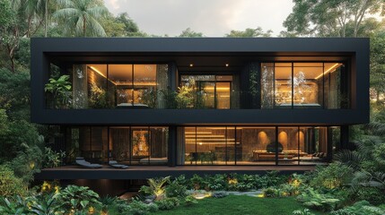 Striking Modern Two-Story House in a Lush Tropical Jungle with Warm Interior Lighting and Outdoor Living Spaces at Dusk