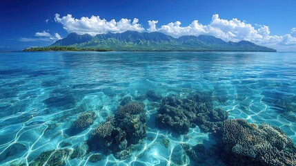 Tropical Island Paradise: Crystal Clear Ocean with Vibrant Coral Reefs, Lush Mountains, and Blue Sky