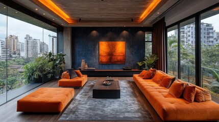 Luxurious Urban Living Room with Seating, Panoramic City Views, and Modern Design