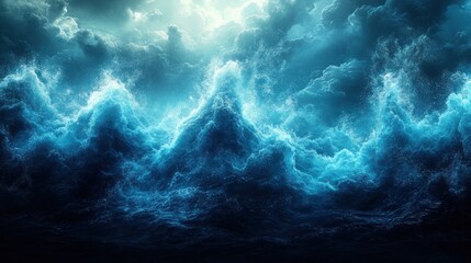 Dramatic Blue Ocean Storm with Glowing Waves and Turbulent Clouds under an Ethereal Light