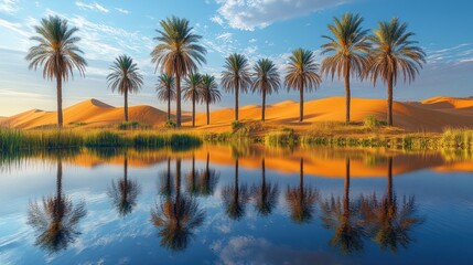 Golden Hour Oasis: Palm Trees and Sand Dunes Reflected in Tranquil Water Under a Serene Sky