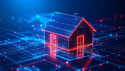 Digital rendering of a house with circuit board lines and data points, glowing in neon blue and red