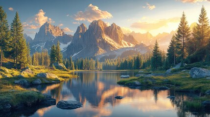 Majestic Mountain Landscape at Golden Hour with Reflective Lake and Pine Forests, showcasing Serene Alpine Beauty