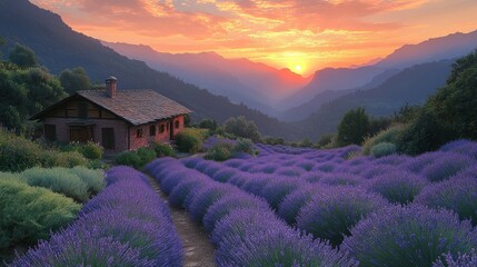 Sunset over a Lavender Field with a Rustic House in a Serene Mountain Valley