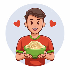 A young smiling man happily holding a bowl of fresh noodles, a cartoon vector icon illustration. Food lover and eating concept isolated