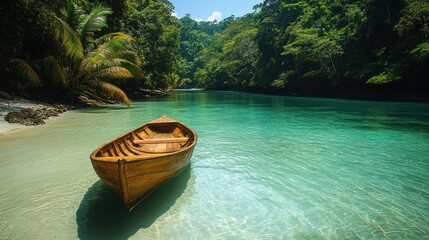 Serene Tropical River Scene with Wooden Boat on Clear Turquoise Water, Surrounded by Lush Jungle and a Sandy Shore