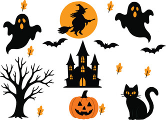 Spooky Halloween Illustration with Haunted House, Ghosts, Witch on Broom, Pumpkin, Black Cat, Scary Tree, Flying Bats, Horror Night Party Design