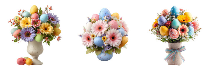 Set of Bright spring flowers in a ceramic vase with pastel-painted Easter eggs placed nearby on transparent png background. Ai generated