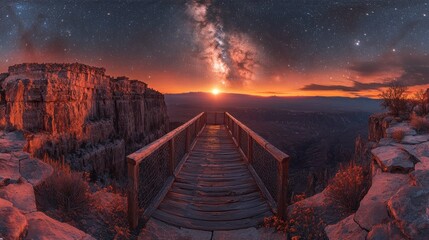 Stunning Panoramic View of the Milky Way and a Fiery Sunset/Sunrise over a Vast Canyon from a Cliffside Boardwalk