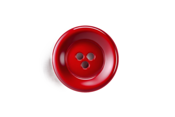 Bright red sewing button with three holes, glossy, isolated on white transparent background
