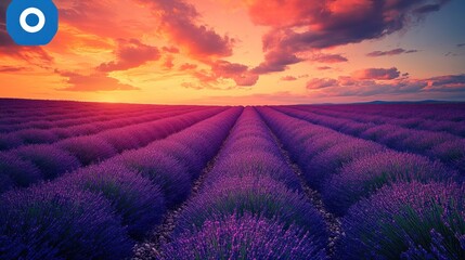 Vibrant Lavender Field at Sunset with Fiery Sky, Endless Rows of Purple Flowers under a Dramatic Horizon