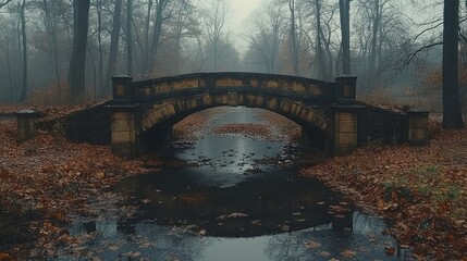 Ethereal Stone Bridge Over a Serene Stream in a Misty Autumn Forest Park, Adorned with Fallen Leaves and Bare Trees