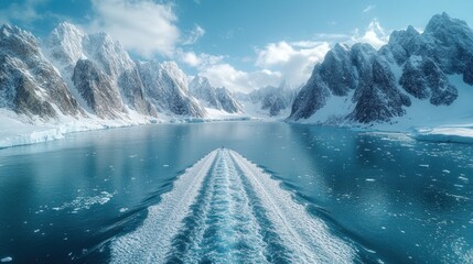 Expedition Ship Navigating a Majestic Snow-Capped Fjord with Glaciers, Ice Floes, and Turquoise Water