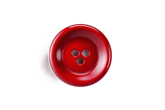 Bright red sewing button with three holes, glossy, isolated on white transparent background