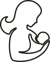 A heartwarming vector logo showing a mother gently holding her baby, symbolizing love, care, and maternal bond with soft curves and minimal design.