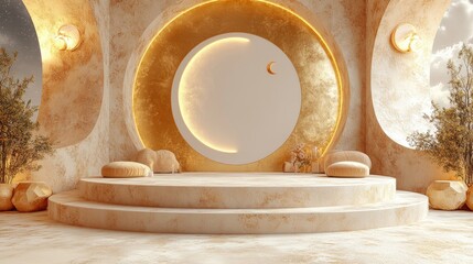 Luxurious Desert Oasis Stage with Golden Arch, Tiered Platform, and Celestial Moon Motif