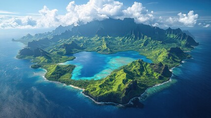 Breathtaking Aerial View of a Pristine Tropical Island with Lush Green Mountains, Turquoise Lagoon, and Clear Ocean Waters