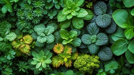 Vibrant overhead view of diverse green foliage featuring mint, clover, textured leaves, and budding plants, showcasing nature' rich tapestry of organic textures and lush shades.