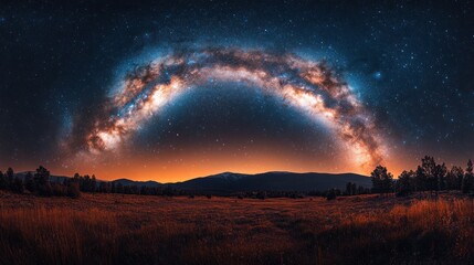 Breathtaking Milky Way Arching Over a Serene Night Landscape with Mountains and Fields