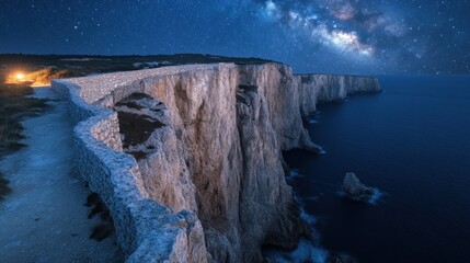 Majestic Night View of Dramatic Sea Cliffs and Winding Stone Path Under a Starry Sky with the Milky Way, a Serene Coastal Landscape.