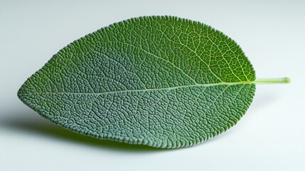 Vibrant Green Sage Leaf Macro with Intricate Texture and Veins Isolated on Bright White Background