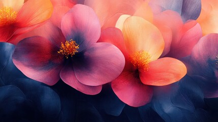 Vibrant abstract floral artwork featuring layered petals with fine textures and gradient color transitions from deep blue to pink, , and red.