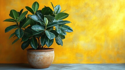 Vibrant Ficus Elastica Rubber Plant in Rustic Terracotta Pot Against Textured Yellow Wall, Ideal for Modern Home Decor with Copy Space
