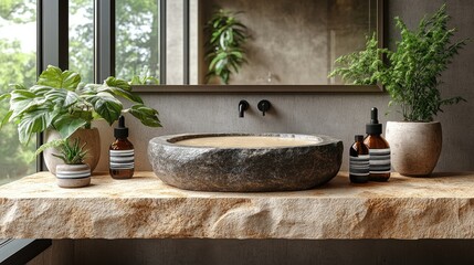 Modern Spa Bathroom Vanity with Natural Stone Basin, Lush Plants, and Ambient Light, Reflecting a Serene Outdoor View