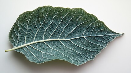 Macro Close-up of a Detailed Blue-Green Leaf with Intricate White Venation on a Clean White Background