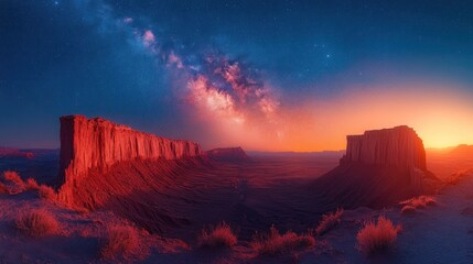 Dramatic Panoramic View of a Desert Canyon at Twilight with a Vibrant Milky Way and Red- Illuminated Mesas