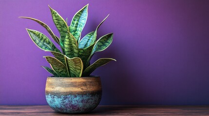 Vibrant Sansevieria Snake Plant in a Rustic Blue and Gold Pot, Displayed on a Dark Wooden Table Against a Textured Purple Wall, Modern Home Interior Decor
