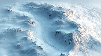 Aerial View of Winding Path in Pristine Snow-Covered Mountains at Golden Hour, Illustrating a Vast and Serene Winter Landscape