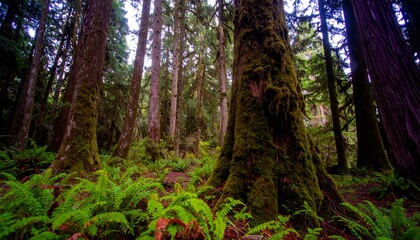 Lush forest floor, towering trees, mossy trunks, ferns