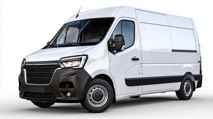 White delivery van isolated on bright white background, perfect for branding, clean reflections on smooth paint, studio-style professional shot