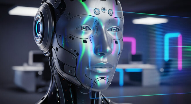 Futuristic humanoid robot head with glowing facial features and intricate metallic design.