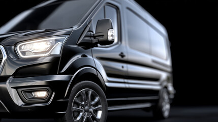 Black delivery van on black background, close-up perspective highlighting headlight and wheel design, subtle glossy reflections for sleek commercial presentation