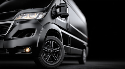 Black delivery van on black background, close-up perspective highlighting headlight and wheel design, subtle glossy reflections for sleek commercial presentation